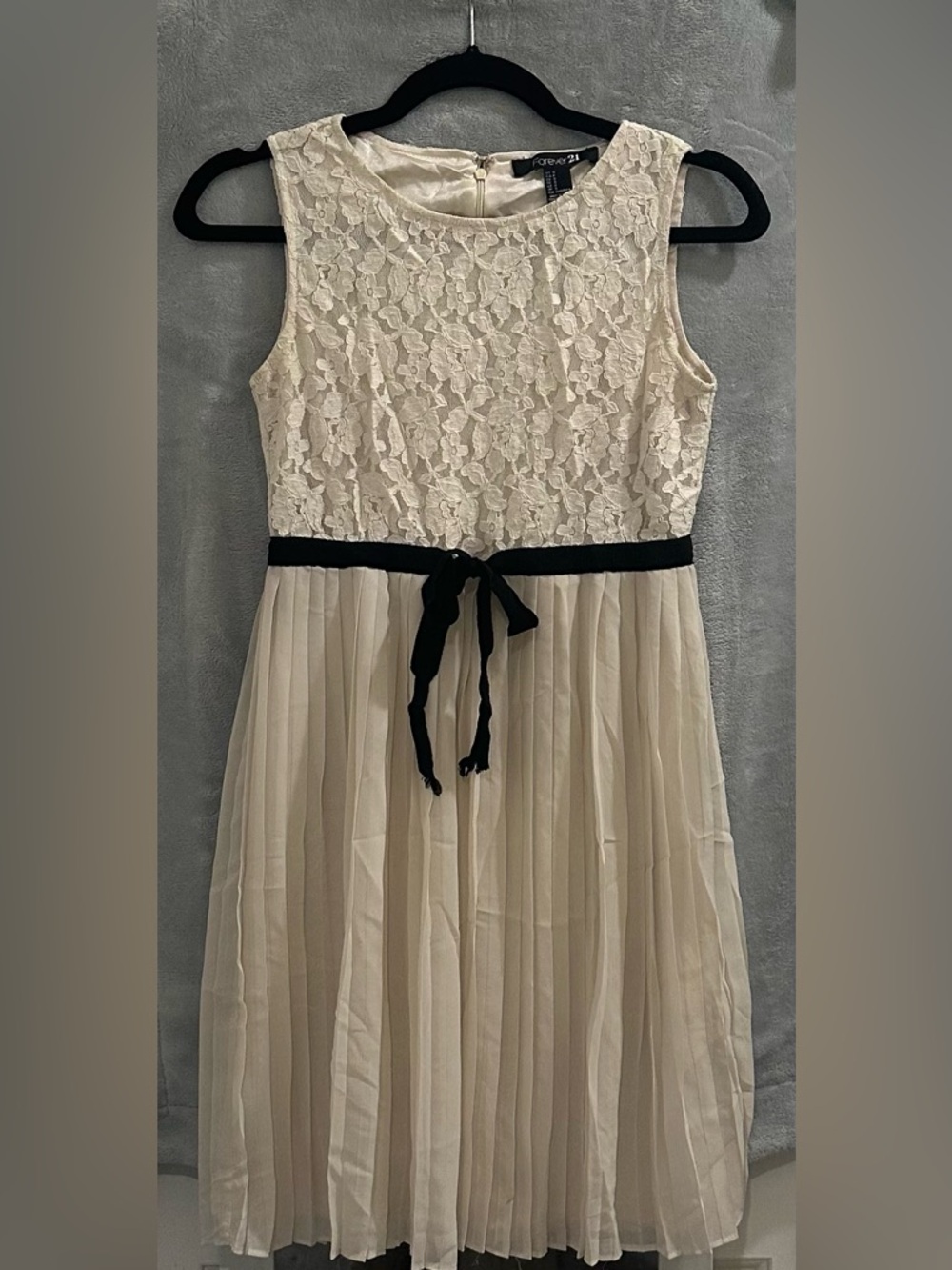 Forever 21 Cream Lace Midi Dress with Black Waist Tie - Small